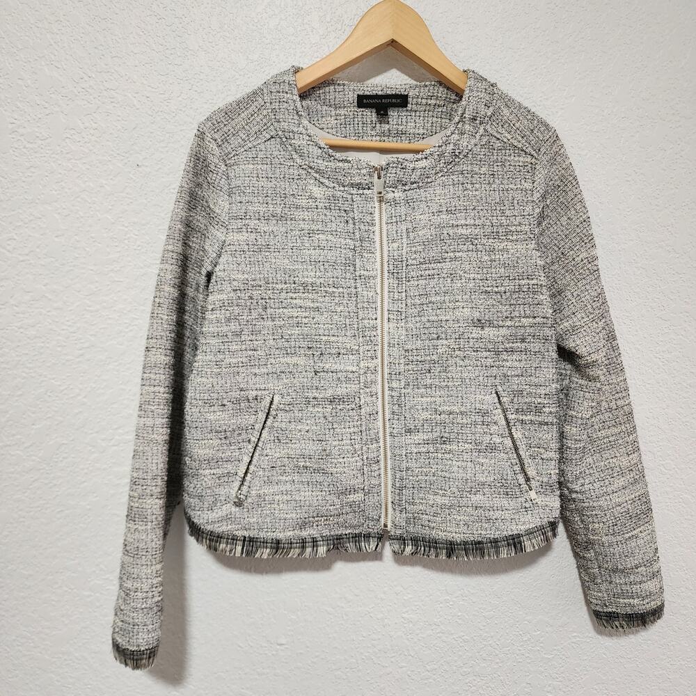 Banana Republic Tweed Fringe Moto Jacket Full Zip Blazer Medium Preppy Workwear